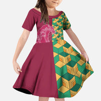 Japanese Bishamon-Kikkou Pattern Family Matching Puletasi and Hawaiian Shirt Water Pillar Silent River Flow LT9 Daughter's Dress Burgundy - Polynesian Pride