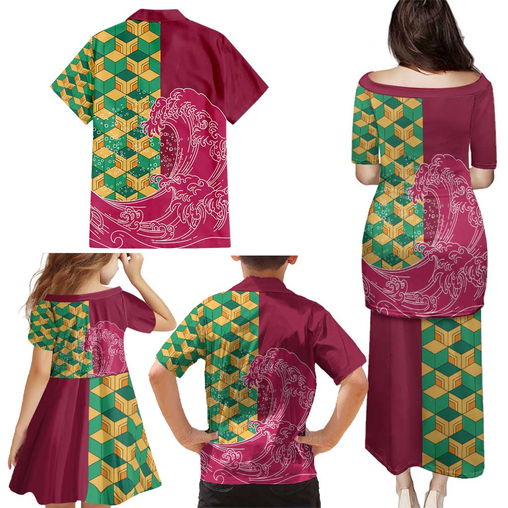 Japanese Bishamon-Kikkou Pattern Family Matching Puletasi and Hawaiian Shirt Water Pillar Silent River Flow LT9 - Polynesian Pride
