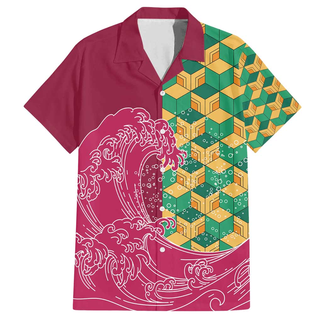Japanese Bishamon-Kikkou Pattern Family Matching Puletasi and Hawaiian Shirt Water Pillar Silent River Flow LT9 Dad's Shirt - Short Sleeve Burgundy - Polynesian Pride