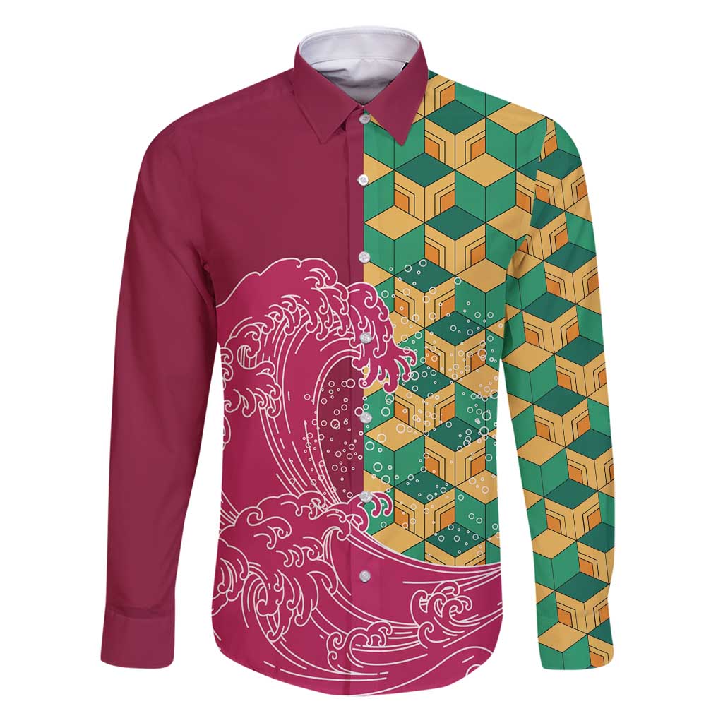 Japanese Bishamon-Kikkou Pattern Family Matching Puletasi and Hawaiian Shirt Water Pillar Silent River Flow LT9 Dad's Shirt - Long Sleeve Burgundy - Polynesian Pride