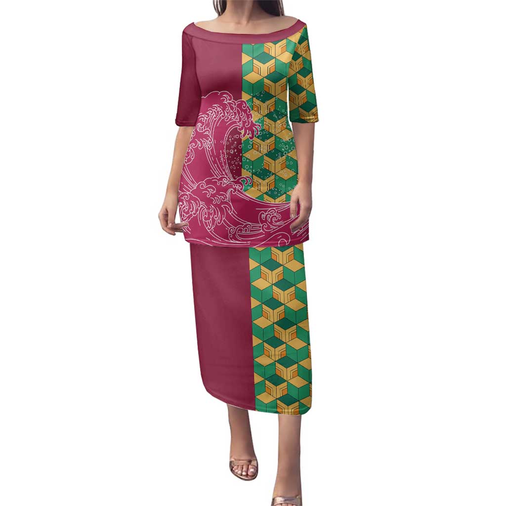 Japanese Bishamon-Kikkou Pattern Family Matching Puletasi and Hawaiian Shirt Water Pillar Silent River Flow LT9 Mom's Dress Burgundy - Polynesian Pride