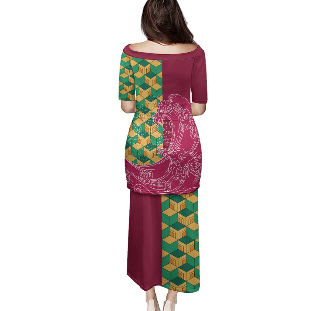 Japanese Bishamon-Kikkou Pattern Family Matching Puletasi and Hawaiian Shirt Water Pillar Silent River Flow LT9 - Polynesian Pride