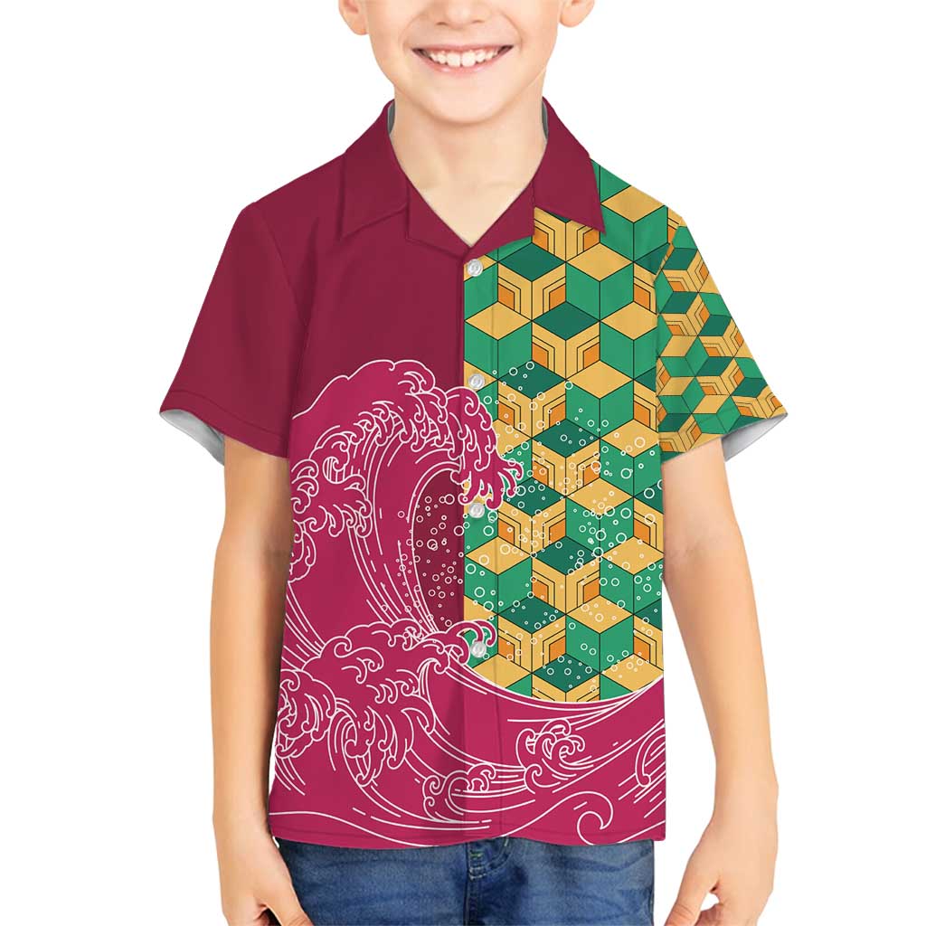 Japanese Bishamon-Kikkou Pattern Family Matching Puletasi and Hawaiian Shirt Water Pillar Silent River Flow LT9 Son's Shirt Burgundy - Polynesian Pride