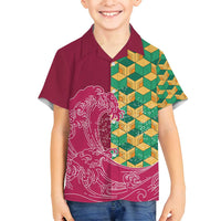 Japanese Bishamon-Kikkou Pattern Family Matching Puletasi and Hawaiian Shirt Water Pillar Silent River Flow LT9 Son's Shirt Burgundy - Polynesian Pride