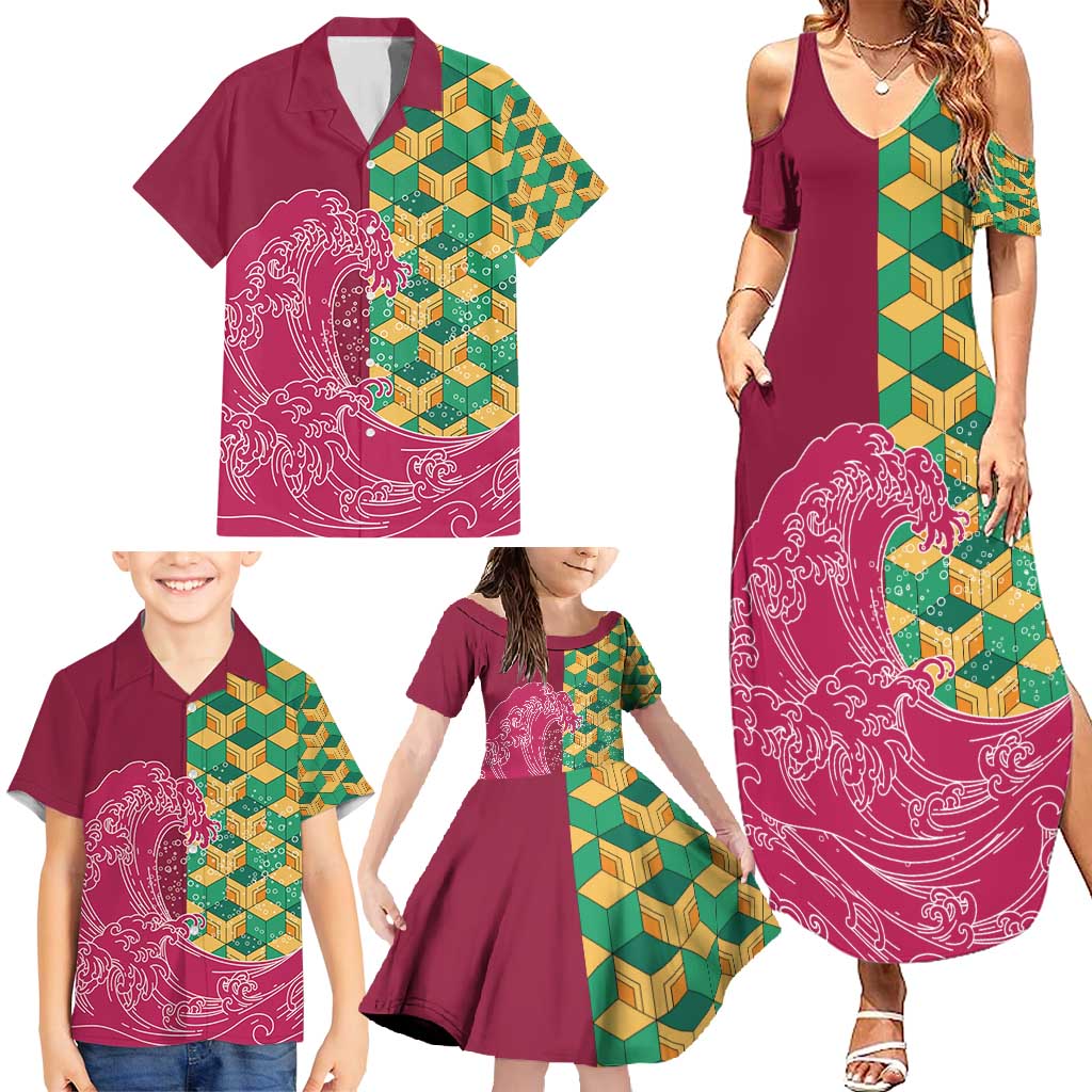 Japanese Bishamon-Kikkou Pattern Family Matching Summer Maxi Dress and Hawaiian Shirt Water Pillar Silent River Flow - Polynesian Pride