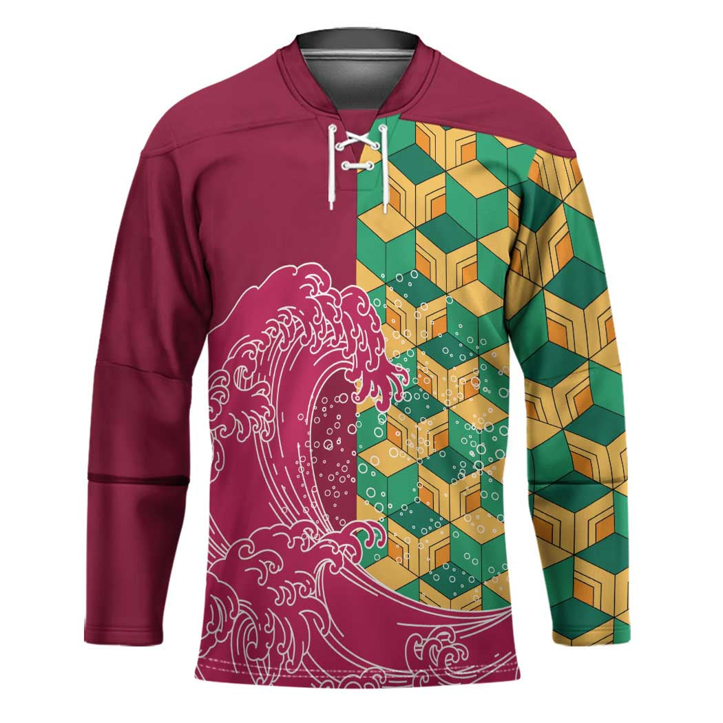 Japanese Bishamon-Kikkou Pattern Hockey Jersey Water Pillar Silent River Flow LT9 Unisex Burgundy - Polynesian Pride