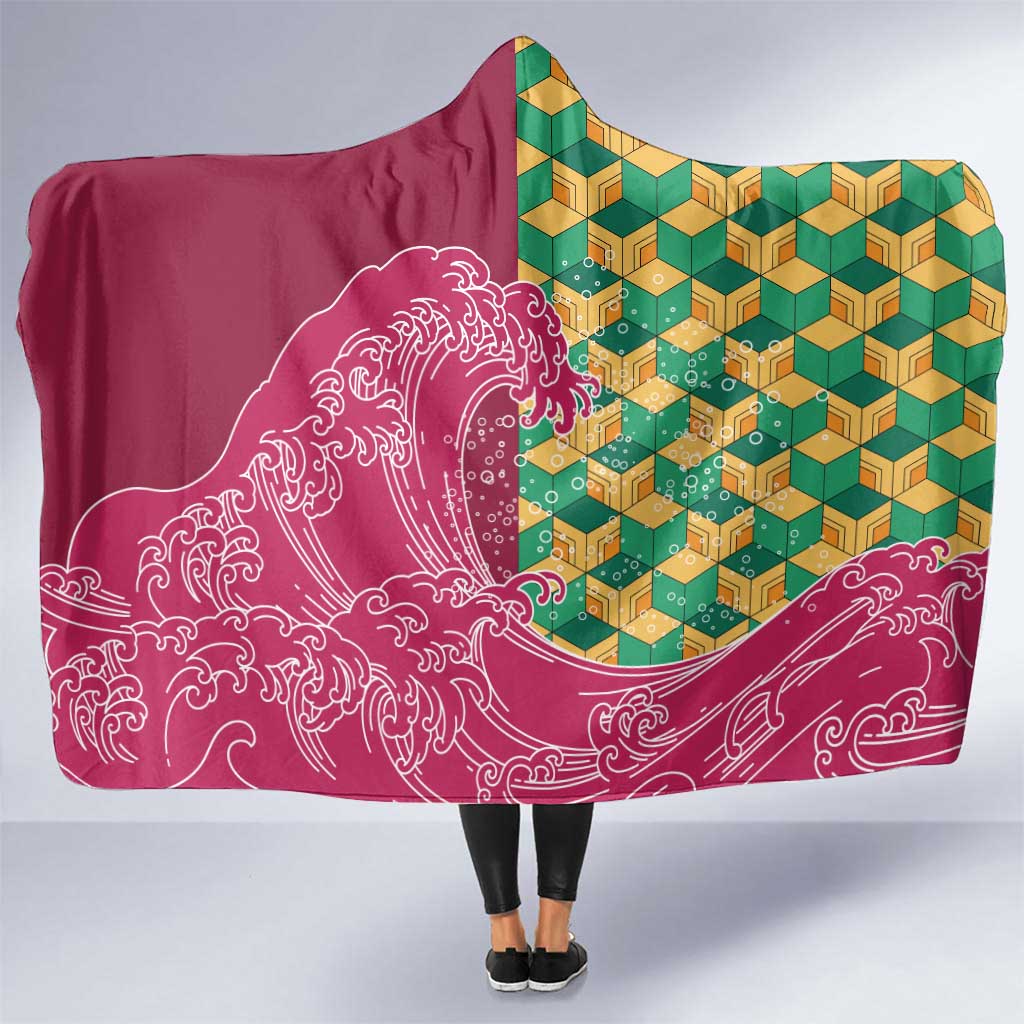 Japanese Bishamon-Kikkou Pattern Hooded Blanket Water Pillar Silent River Flow - Polynesian Pride