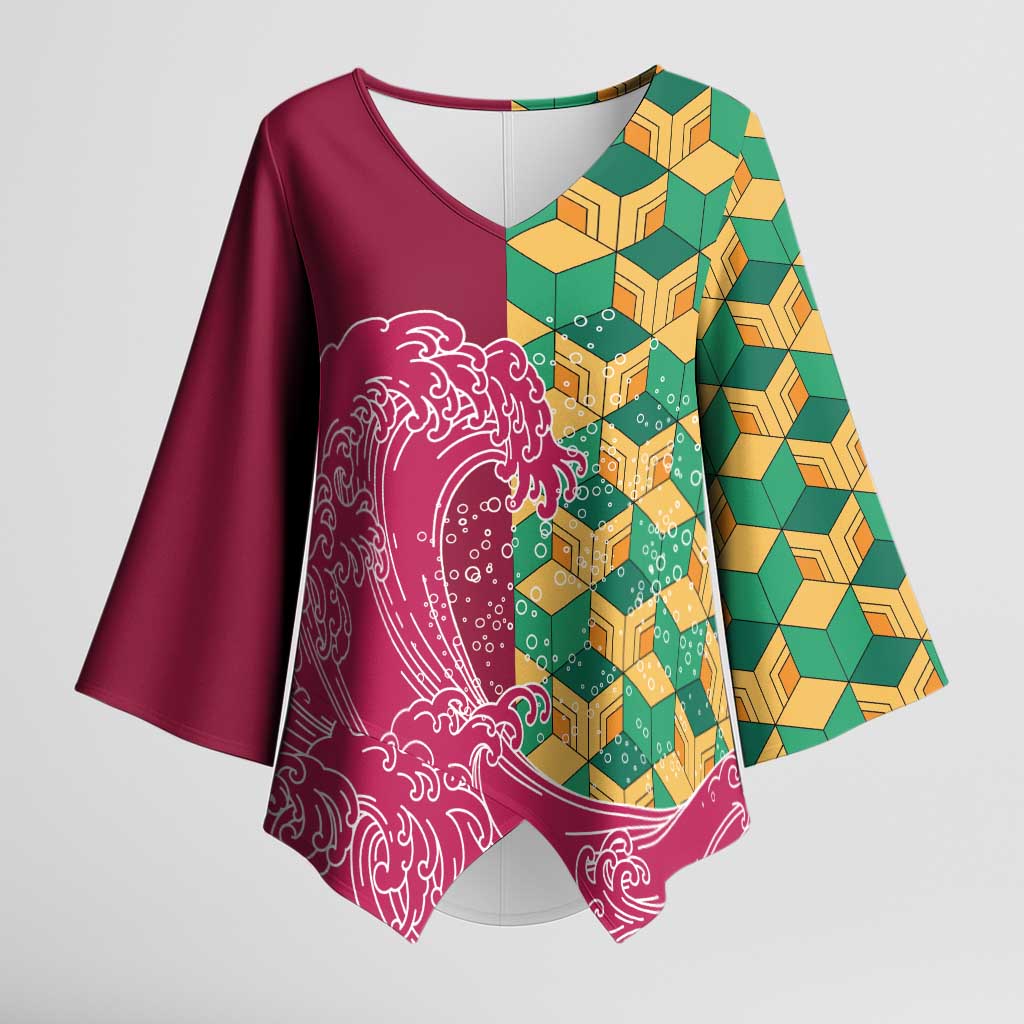 Japanese Bishamon-Kikkou Pattern Kimono Sleeve Blouse Water Pillar Silent River Flow LT9 Female Burgundy - Polynesian Pride