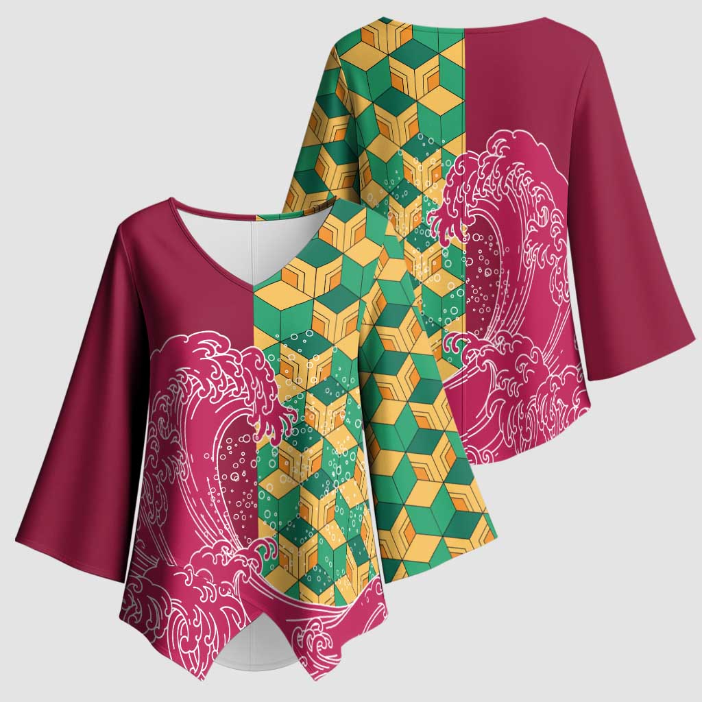 Japanese Bishamon-Kikkou Pattern Kimono Sleeve Blouse Water Pillar Silent River Flow LT9 - Polynesian Pride