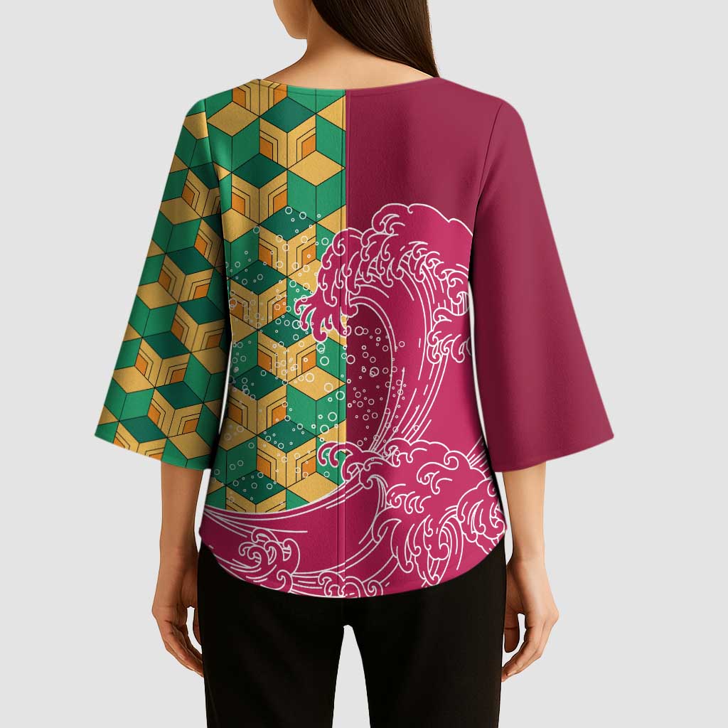 Japanese Bishamon-Kikkou Pattern Kimono Sleeve Blouse Water Pillar Silent River Flow LT9 - Polynesian Pride