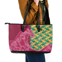 Japanese Bishamon-Kikkou Pattern Leather Tote Bag Water Pillar Silent River Flow - Polynesian Pride