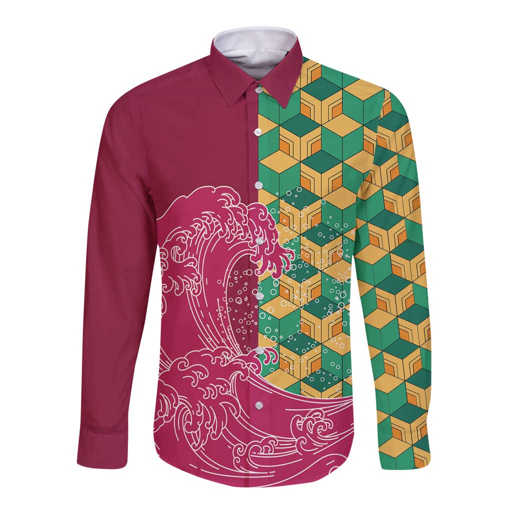 Japanese Bishamon-Kikkou Pattern Long Sleeve Button Shirt Water Pillar Silent River Flow LT9 Unisex Burgundy - Polynesian Pride