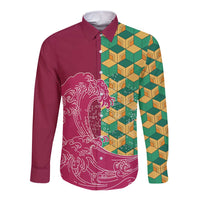 Japanese Bishamon-Kikkou Pattern Long Sleeve Button Shirt Water Pillar Silent River Flow LT9 Unisex Burgundy - Polynesian Pride