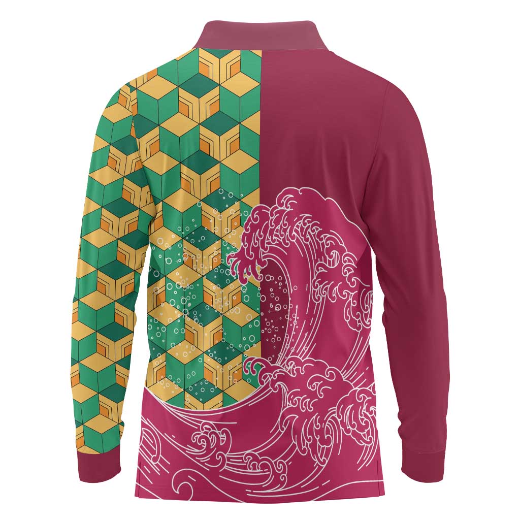 Japanese Bishamon-Kikkou Pattern Long Sleeve Polo Shirt Water Pillar Silent River Flow LT9 - Polynesian Pride