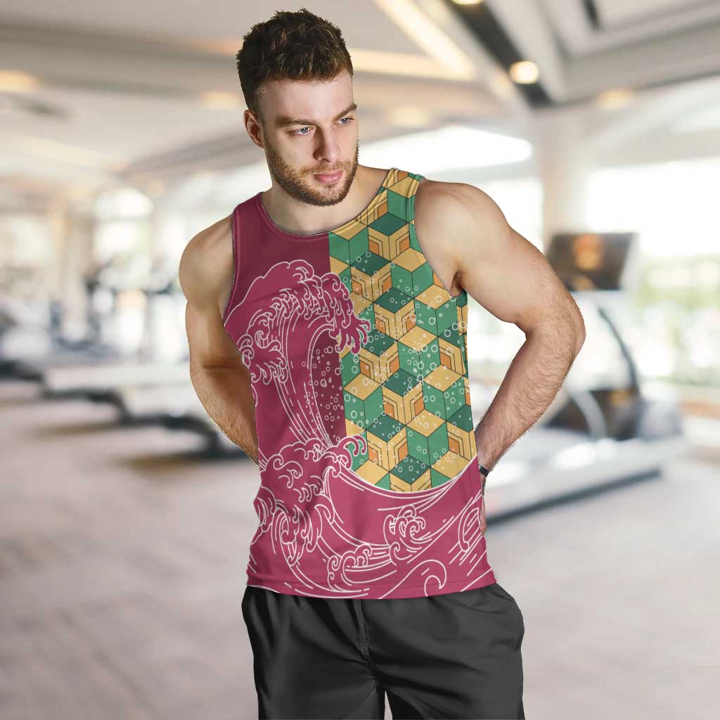 Japanese Bishamon-Kikkou Pattern Men Tank Top Water Pillar Silent River Flow LT9 Burgundy - Polynesian Pride