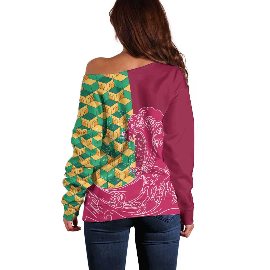 Japanese Bishamon-Kikkou Pattern Off Shoulder Sweater Water Pillar Silent River Flow - Polynesian Pride