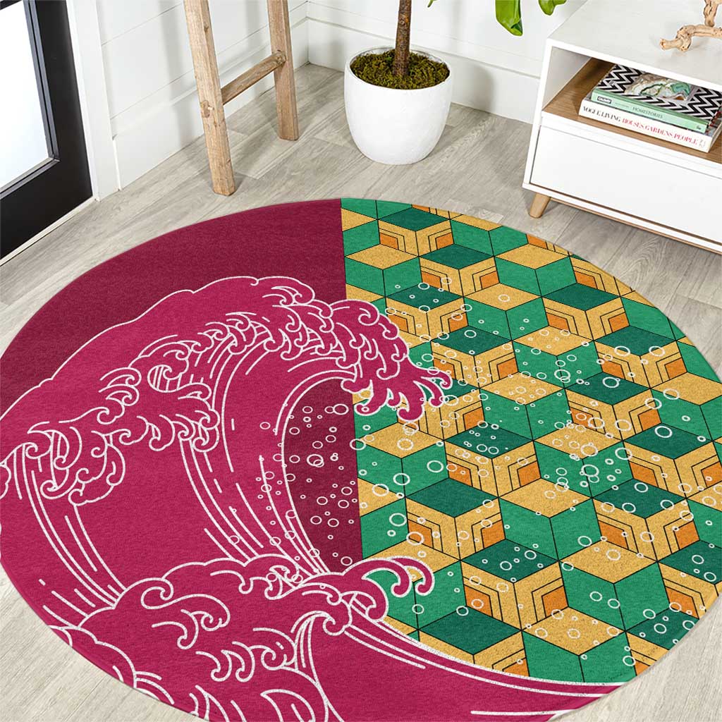 Japanese Bishamon-Kikkou Pattern Round Carpet Water Pillar Silent River Flow - Polynesian Pride