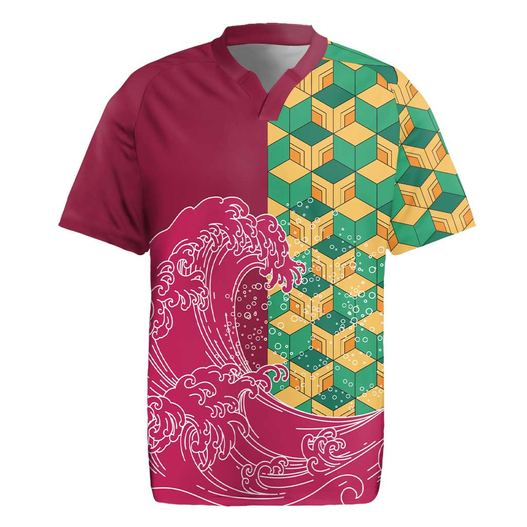 Japanese Bishamon-Kikkou Pattern Rugby Jersey Water Pillar Silent River Flow LT9 Burgundy - Polynesian Pride