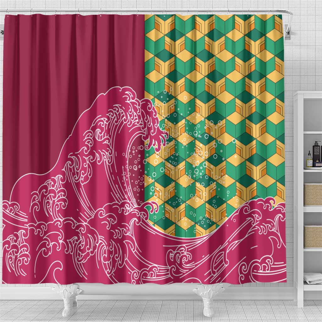 Japanese Bishamon-Kikkou Pattern Shower Curtain Water Pillar Silent River Flow - Polynesian Pride