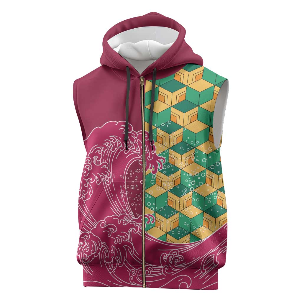 Japanese Bishamon-Kikkou Pattern Sleeveless Zip Hoodie Water Pillar Silent River Flow - Polynesian Pride
