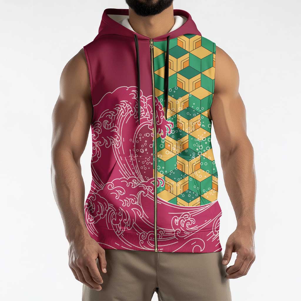 Japanese Bishamon-Kikkou Pattern Sleeveless Zip Hoodie Water Pillar Silent River Flow - Polynesian Pride
