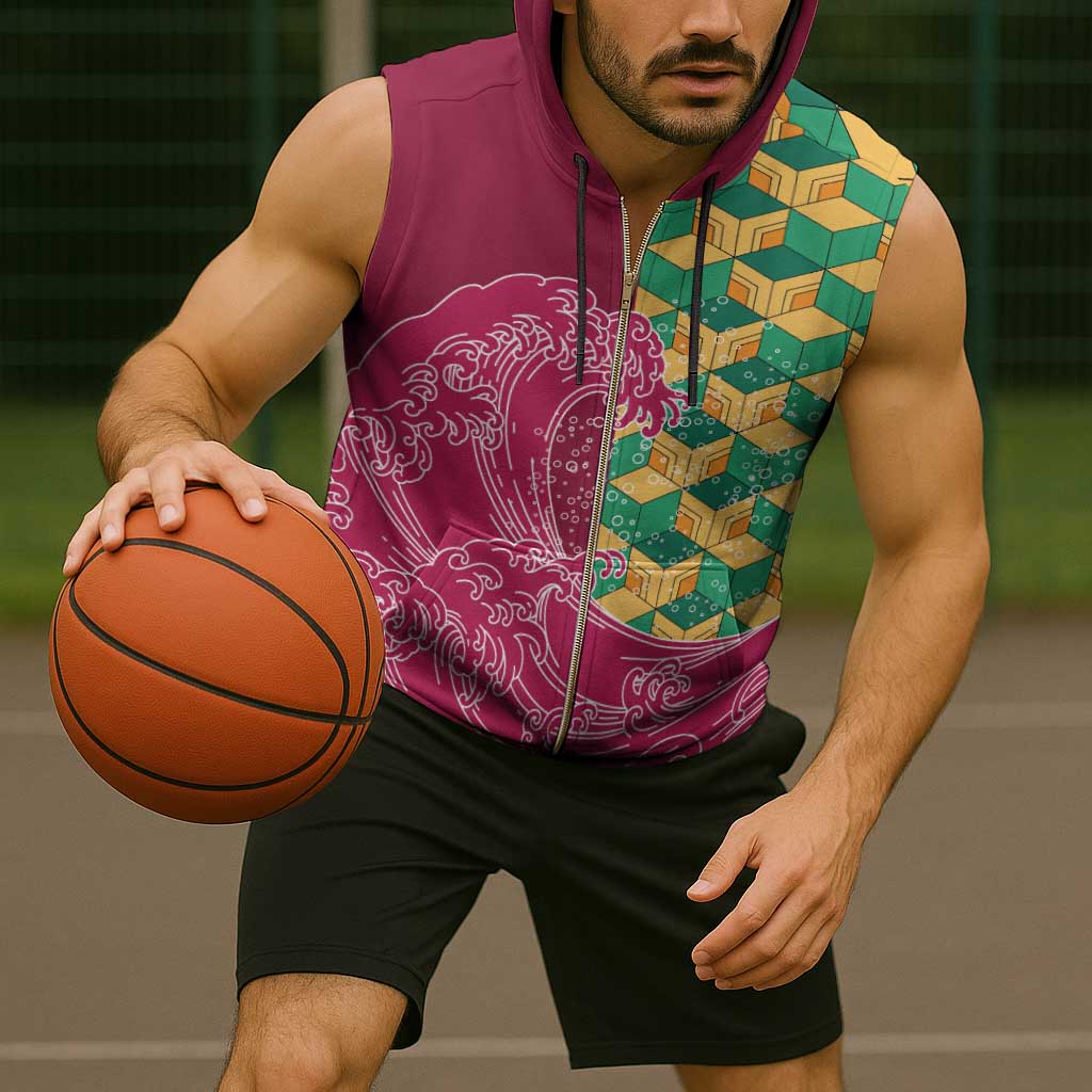 Japanese Bishamon-Kikkou Pattern Sleeveless Zip Hoodie Water Pillar Silent River Flow - Polynesian Pride