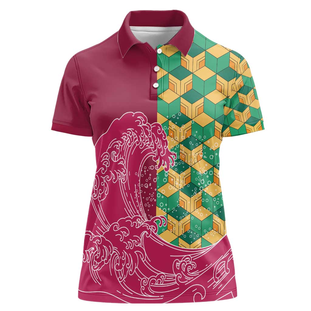 Japanese Bishamon-Kikkou Pattern Women Polo Shirt Water Pillar Silent River Flow - Polynesian Pride