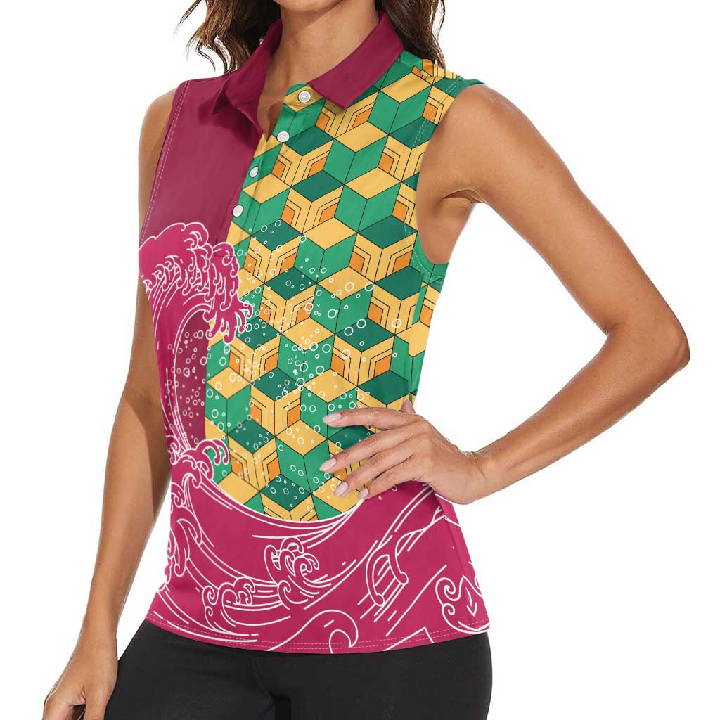 Japanese Bishamon-Kikkou Pattern Women Sleeveless Polo Shirt Water Pillar Silent River Flow - Polynesian Pride