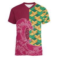 Japanese Bishamon-Kikkou Pattern Women V-Neck T-Shirt Water Pillar Silent River Flow - Polynesian Pride