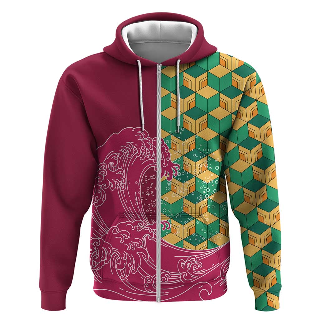 Japanese Bishamon-Kikkou Pattern Zip Hoodie Water Pillar Silent River Flow - Polynesian Pride
