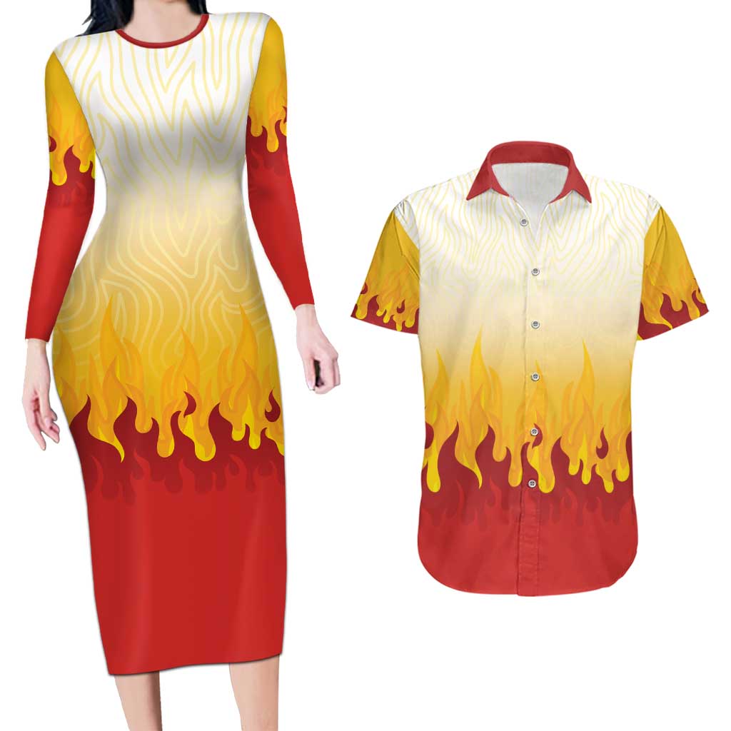 Japanese Kaen Pattern Couples Matching Long Sleeve Bodycon Dress and Hawaiian Shirt Flame Pillar Blazing Lion Heart - Polynesian Pride