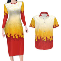 Japanese Kaen Pattern Couples Matching Long Sleeve Bodycon Dress and Hawaiian Shirt Flame Pillar Blazing Lion Heart - Polynesian Pride