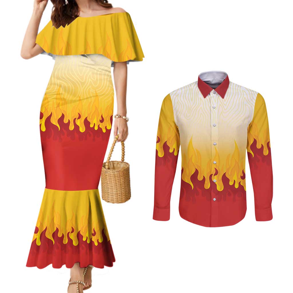 Japanese Kaen Pattern Couples Matching Mermaid Dress and Long Sleeve Button Shirt Flame Pillar Blazing Lion Heart LT9 Red - Polynesian Pride