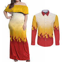 Japanese Kaen Pattern Couples Matching Off Shoulder Maxi Dress and Long Sleeve Button Shirt Flame Pillar Blazing Lion Heart LT9 Red - Polynesian Pride