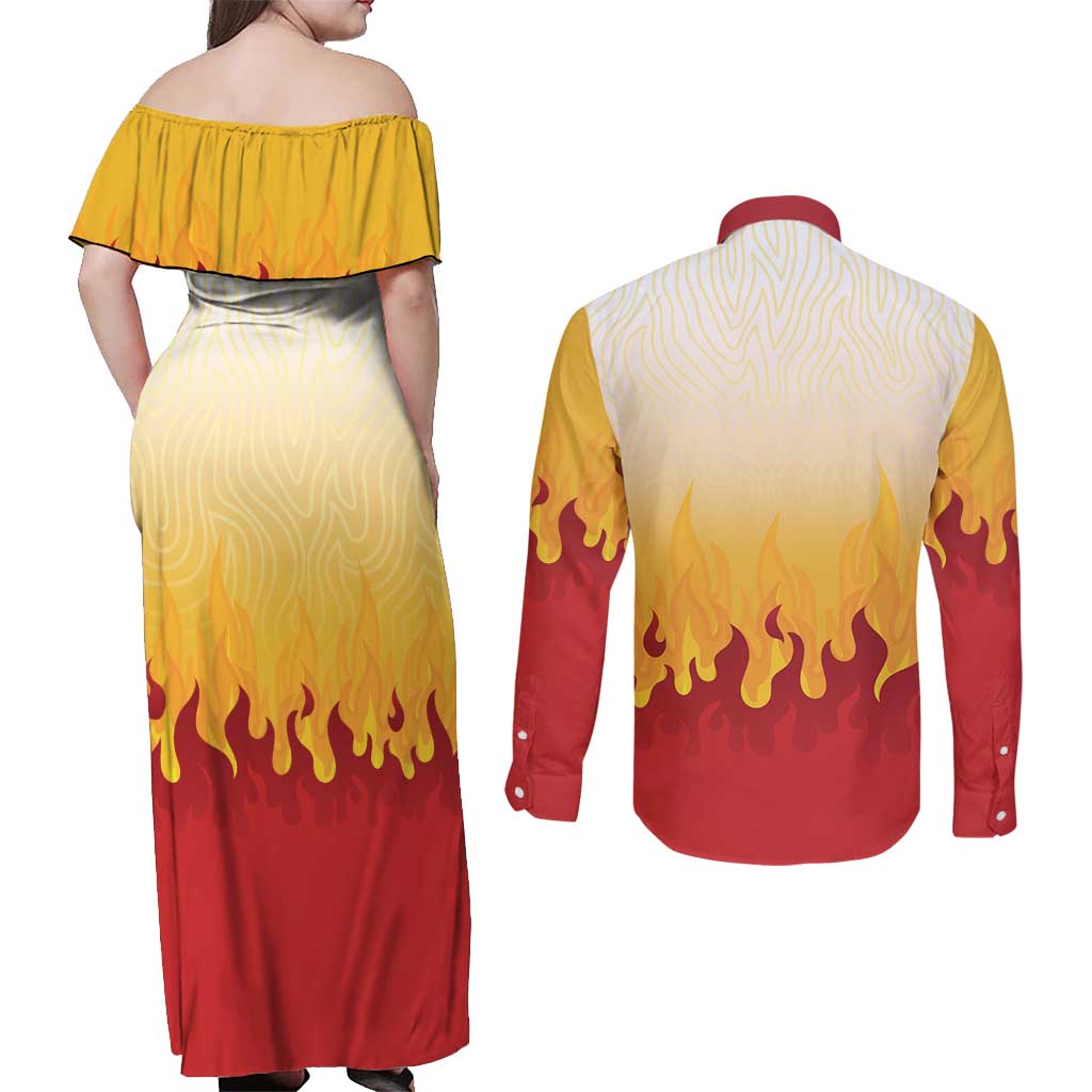 Japanese Kaen Pattern Couples Matching Off Shoulder Maxi Dress and Long Sleeve Button Shirt Flame Pillar Blazing Lion Heart LT9 - Polynesian Pride
