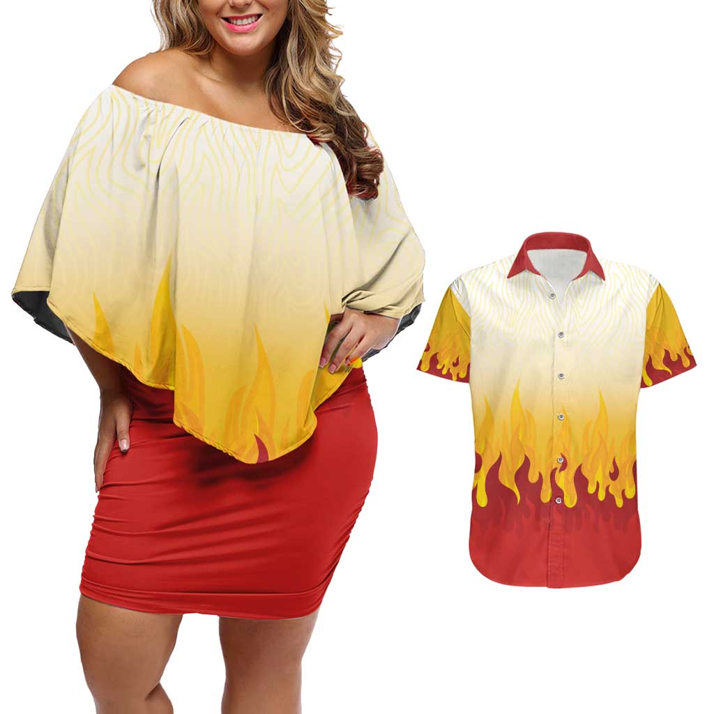 Japanese Kaen Pattern Couples Matching Off Shoulder Short Dress and Hawaiian Shirt Flame Pillar Blazing Lion Heart - Polynesian Pride