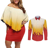 Japanese Kaen Pattern Couples Matching Off Shoulder Short Dress and Long Sleeve Button Shirt Flame Pillar Blazing Lion Heart LT9 Red - Polynesian Pride