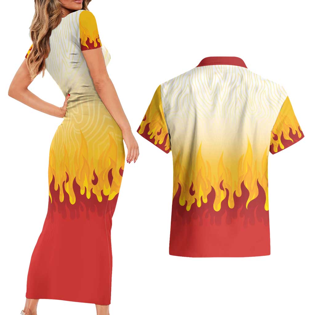Japanese Kaen Pattern Couples Matching Short Sleeve Bodycon Dress and Hawaiian Shirt Flame Pillar Blazing Lion Heart - Polynesian Pride