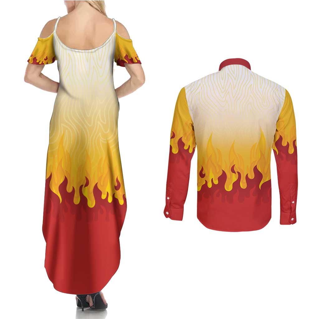 Japanese Kaen Pattern Couples Matching Summer Maxi Dress and Long Sleeve Button Shirt Flame Pillar Blazing Lion Heart - Polynesian Pride