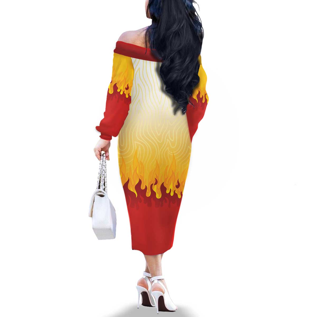 Japanese Kaen Pattern Family Matching Off The Shoulder Long Sleeve Dress and Hawaiian Shirt Flame Pillar Blazing Lion Heart - Polynesian Pride