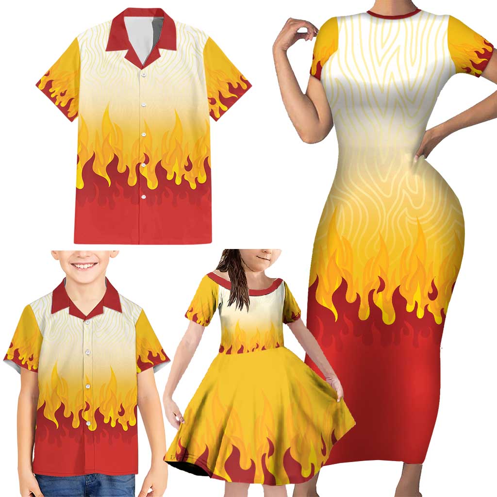 Japanese Kaen Pattern Family Matching Short Sleeve Bodycon Dress and Hawaiian Shirt Flame Pillar Blazing Lion Heart - Polynesian Pride