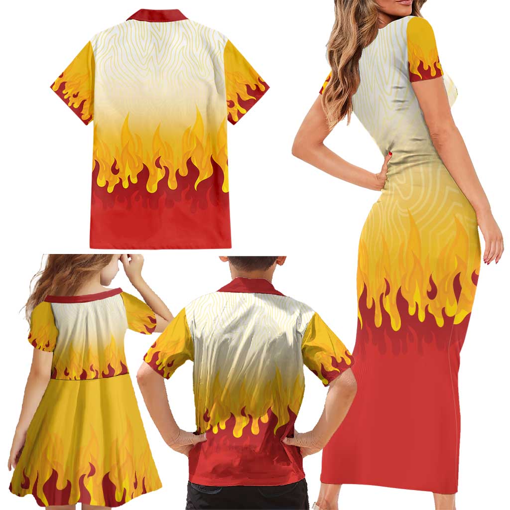 Japanese Kaen Pattern Family Matching Short Sleeve Bodycon Dress and Hawaiian Shirt Flame Pillar Blazing Lion Heart - Polynesian Pride