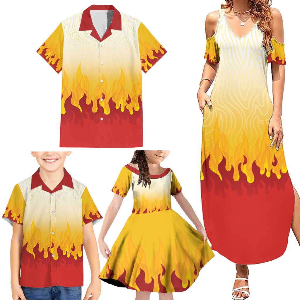 Japanese Kaen Pattern Family Matching Summer Maxi Dress and Hawaiian Shirt Flame Pillar Blazing Lion Heart - Polynesian Pride