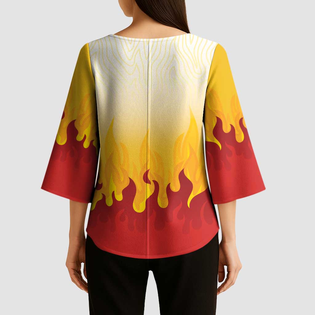Japanese Kaen Pattern Kimono Sleeve Blouse Flame Pillar Blazing Lion Heart LT9 - Polynesian Pride