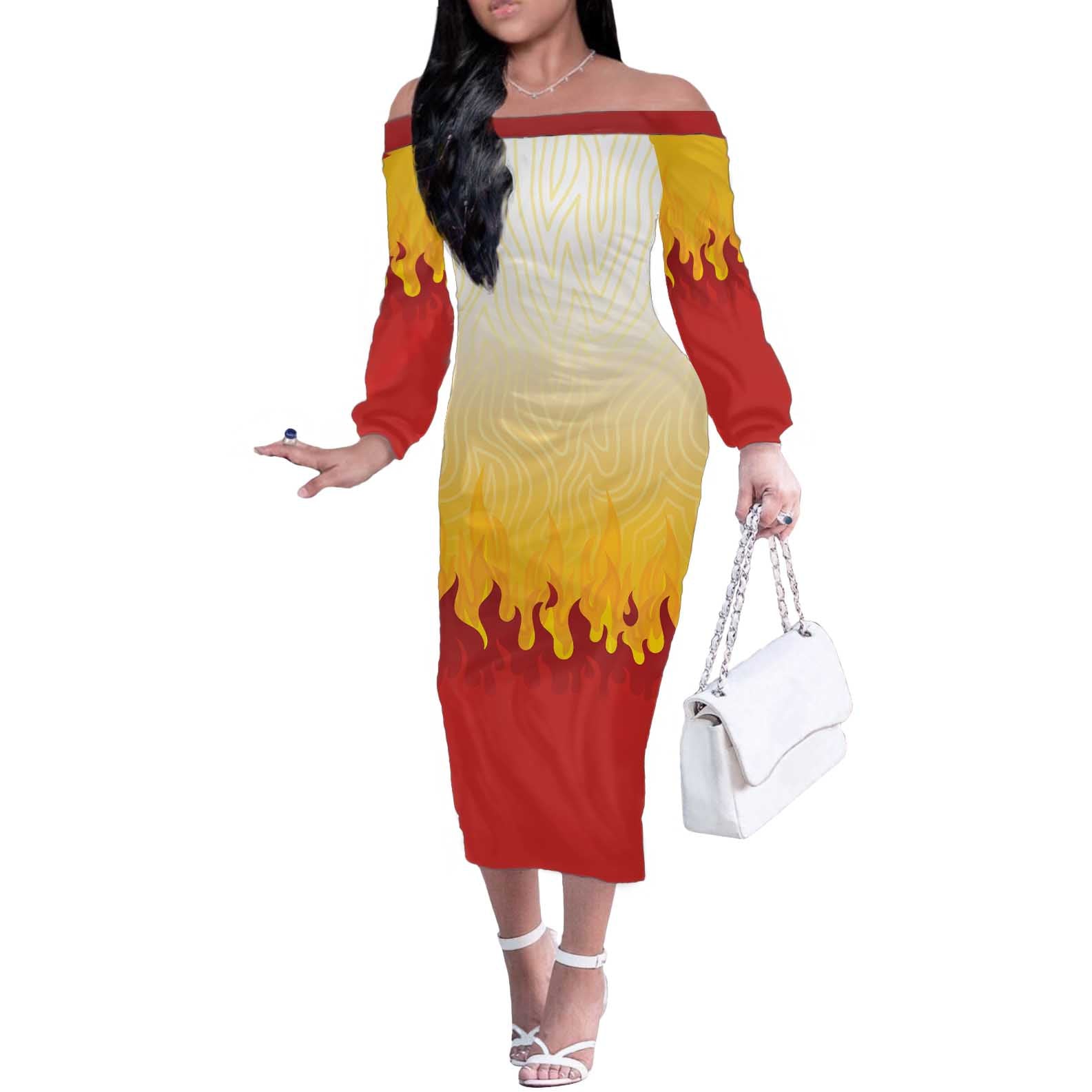 Japanese Kaen Pattern Off The Shoulder Long Sleeve Dress Flame Pillar Blazing Lion Heart - Polynesian Pride