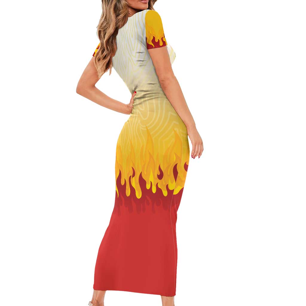 Japanese Kaen Pattern Short Sleeve Bodycon Dress Flame Pillar Blazing Lion Heart - Polynesian Pride