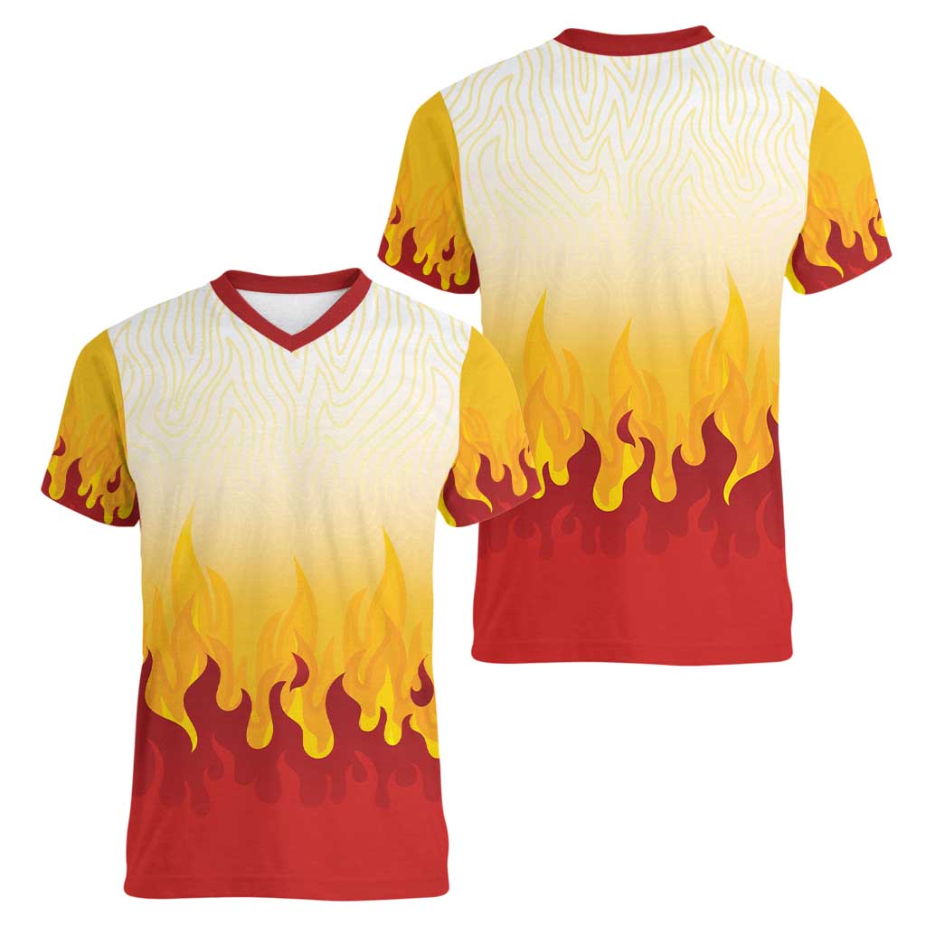 Japanese Kaen Pattern Women V-Neck T-Shirt Flame Pillar Blazing Lion Heart - Polynesian Pride