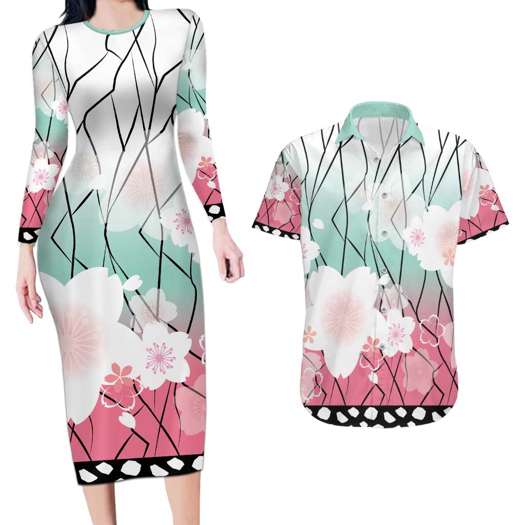 Japanese Kocho Pattern Couples Matching Long Sleeve Bodycon Dress and Hawaiian Shirt Insect Pillar Butterfly Flower Fairy - Polynesian Pride