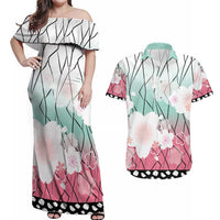 Japanese Kocho Pattern Couples Matching Off Shoulder Maxi Dress and Hawaiian Shirt Insect Pillar Butterfly Flower Fairy - Polynesian Pride