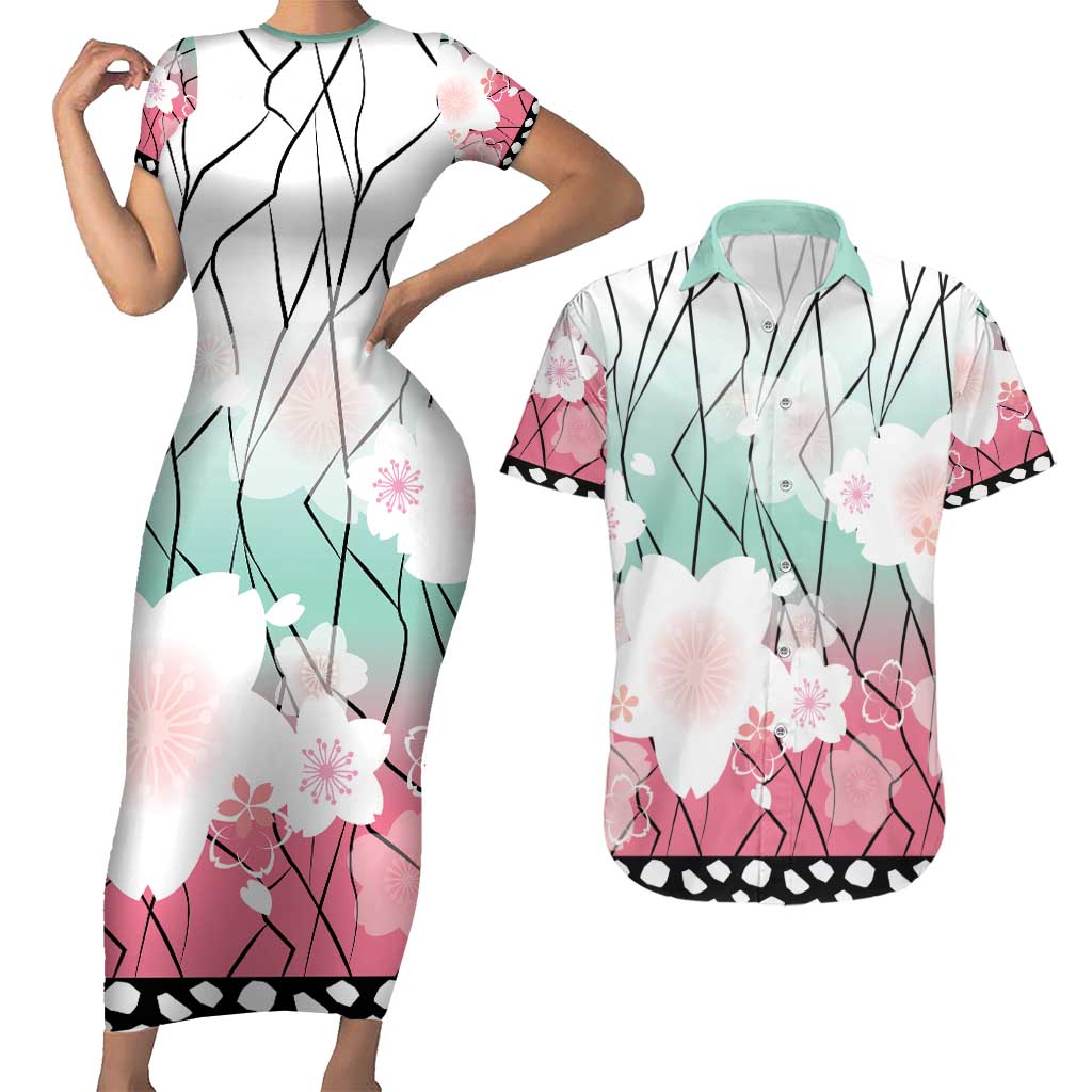 Japanese Kocho Pattern Couples Matching Short Sleeve Bodycon Dress and Hawaiian Shirt Insect Pillar Butterfly Flower Fairy - Polynesian Pride